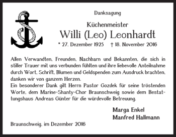 Traueranzeige von Willi Leo Leonhardt von Braunschweiger Zeitung