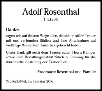Traueranzeige von Adolf Rosenthal von Wolfenbütteler Zeitung