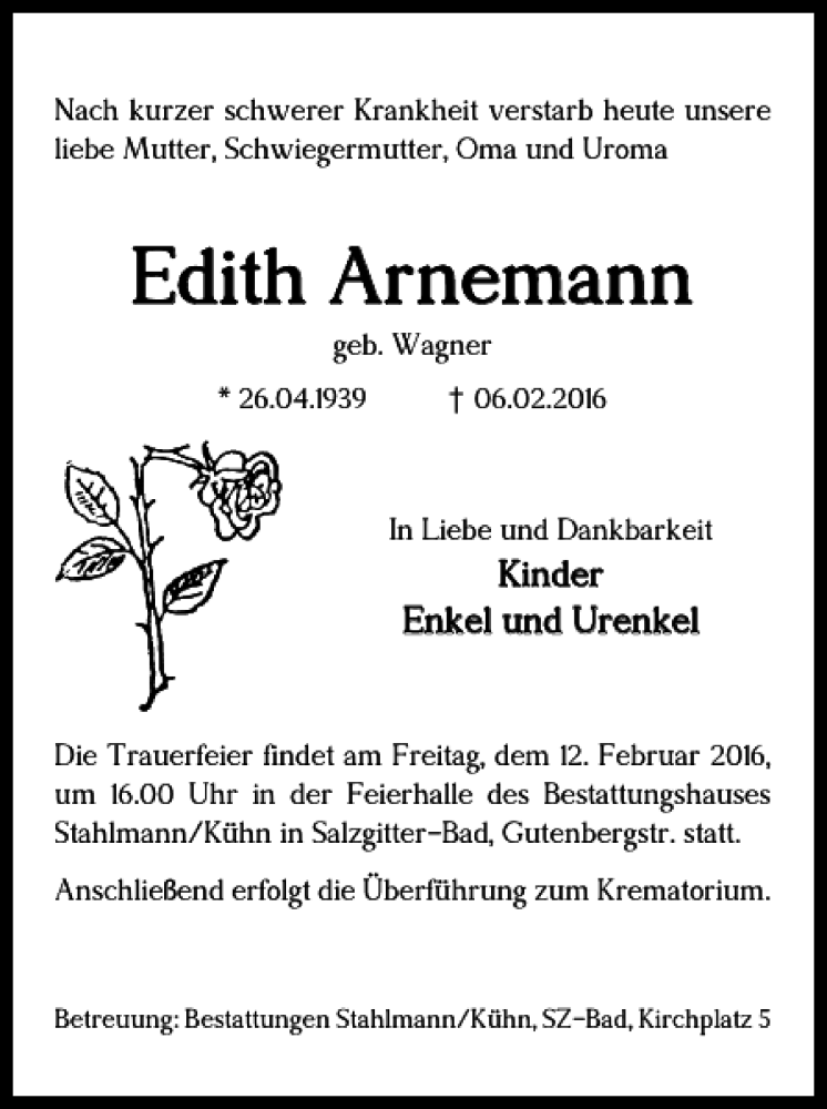  Traueranzeige für Edith Arnemann vom 10.02.2016 aus Salzgitter Zeitung