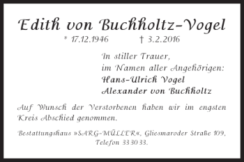 Traueranzeige von Edith von Buchholtz-Vogel von Braunschweiger Zeitung