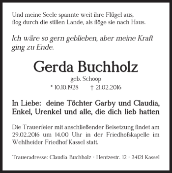 Traueranzeige von Gerda Buchholz von Helmstedter Nachrichten