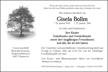 Traueranzeige von Gisela Bollm von Helmstedter Nachrichten
