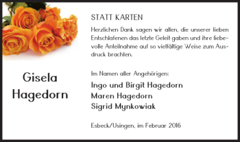 Traueranzeige von Gisela Hagedorn von Helmstedter Nachrichten