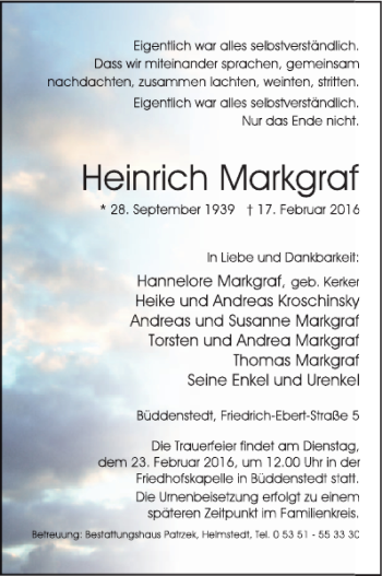 Traueranzeige von Heinrich Markgraf von Helmstedter Nachrichten