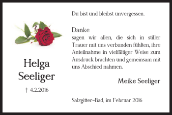 Traueranzeige von Helga Seeliger von Salzgitter Zeitung