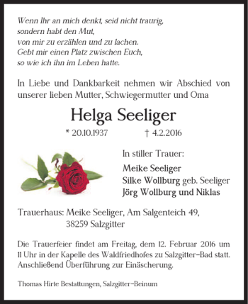 Traueranzeige von Helga Seeliger von Salzgitter Zeitung