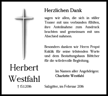 Traueranzeige von Herbert Westfahl von Salzgitter Zeitung