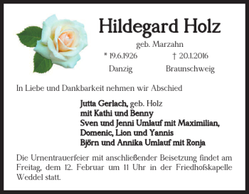Traueranzeige von Hildegard Holz von Braunschweiger Zeitung