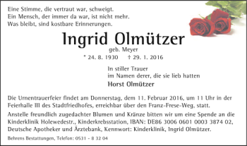 Traueranzeige von Ingrid Olmützer von Braunschweiger Zeitung