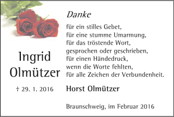 Traueranzeige von Ingrid Olmützer von Braunschweiger Zeitung