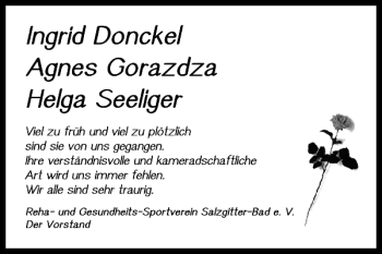 Traueranzeige von Ingrid Donckel Agnes Gorazdza Helga Seeliger  von Salzgitter Zeitung