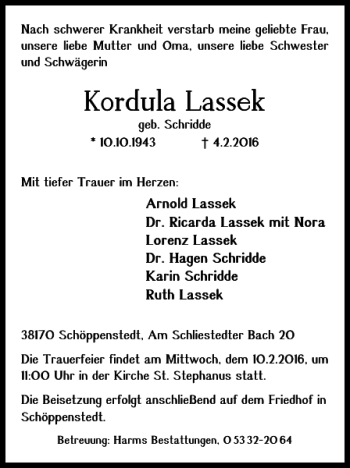 Traueranzeige von Kordula Lassek von Wolfenbütteler Zeitung