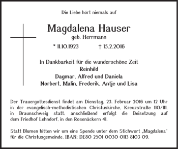 Traueranzeige von Magdalena Hauser von Braunschweiger Zeitung