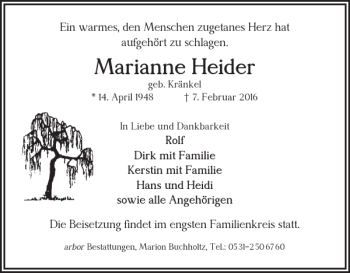 Traueranzeige von Marianne Heider von Braunschweiger Zeitung
