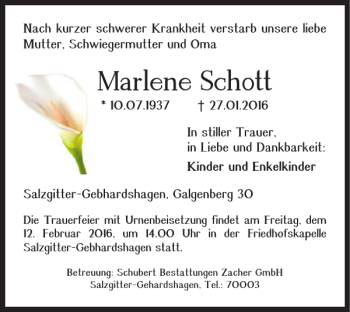 Traueranzeige von Marlene Schott von Salzgitter Zeitung