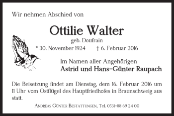 Traueranzeige von Ottilie Walter von Braunschweiger Zeitung