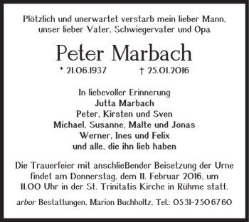 Traueranzeige von Peter Marbach von Braunschweiger Zeitung