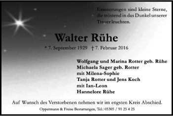 Traueranzeige von Walter Rühe von Braunschweiger Zeitung
