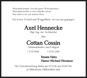 Traueranzeige von Axel Hennecke Cottan Cossin von Braunschweiger Zeitung