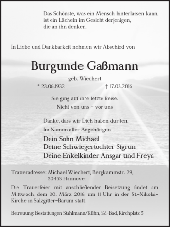 Traueranzeige von Burgunde Gaßmann von Salzgitter Zeitung
