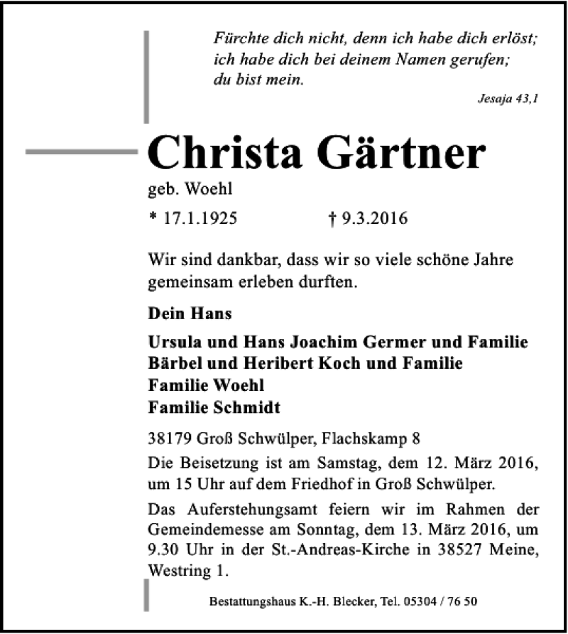 Traueranzeigen von Christa Gärtner trauer38.de