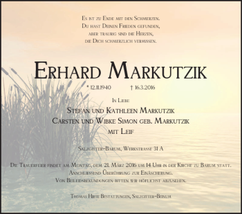 Traueranzeige von ERHARD MARKUTZIK von Salzgitter Zeitung