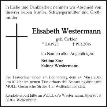 Traueranzeige von Elisabeth Westermann von Wolfenbütteler Zeitung