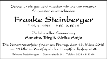 Traueranzeige von Frauke Steinberger von Braunschweiger Zeitung