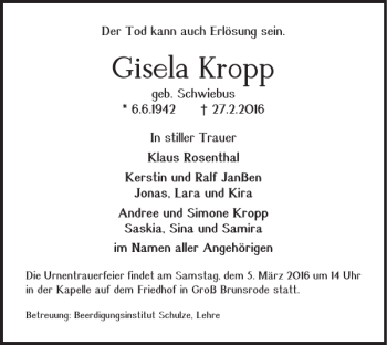 Traueranzeige von Gisela Kropp von Braunschweiger Zeitung