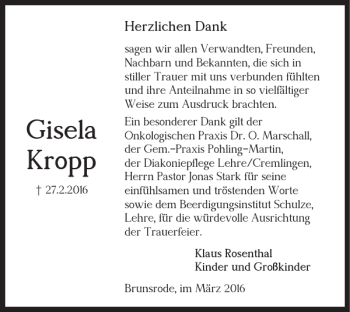 Traueranzeige von Gisela Kropp von Braunschweiger Zeitung