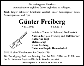 Traueranzeige von Günter Freiberg von Braunschweiger Zeitung