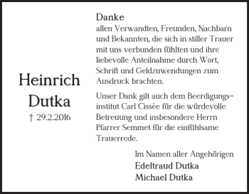 Traueranzeige von Heinrich Dutka von Braunschweiger Zeitung