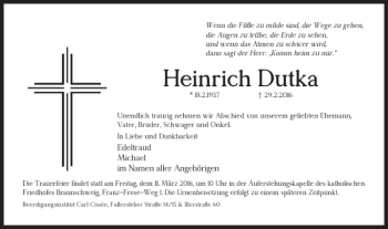 Traueranzeige von Heinrich Dutka von Braunschweiger Zeitung