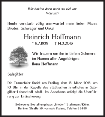 Traueranzeige von Heinrich Hoffmann von Salzgitter Zeitung