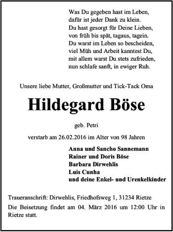 Traueranzeige von Hildegard Böse von Braunschweiger Zeitung