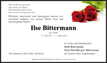 Traueranzeige von Ilse Bittermann von Braunschweiger Zeitung