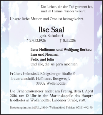 Traueranzeige von Ilse Saal von Helmstedter Nachrichten