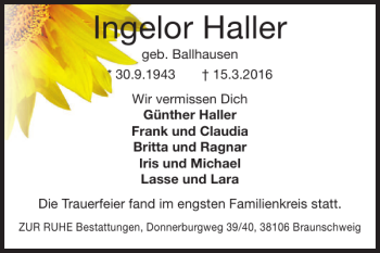 Traueranzeige von Ingelor Haller von Braunschweiger Zeitung