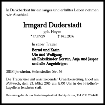 Traueranzeige von Irmgard Duderstadt von Helmstedter Nachrichten