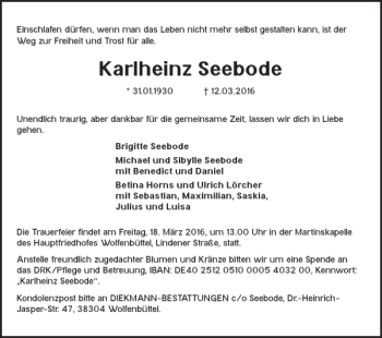Traueranzeige von Karlheinz Seebode von Wolfenbütteler Zeitung