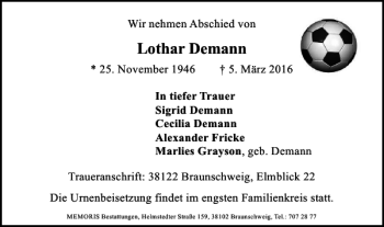 Traueranzeige von Lothar Demann von Braunschweiger Zeitung
