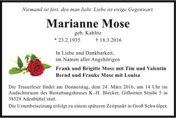 Traueranzeige von Marianne Mose von Braunschweiger Zeitung