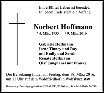 Traueranzeige von Norbert Hoffmann von Wolfsburger Nachrichten