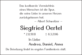 Traueranzeige von Siegfried Oertel von Helmstedter Nachrichten
