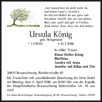 Traueranzeige von Ursula König von Braunschweiger Zeitung