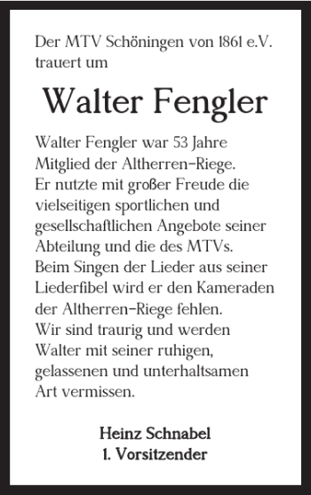 Traueranzeige von Walter Fengler von Helmstedter Nachrichten