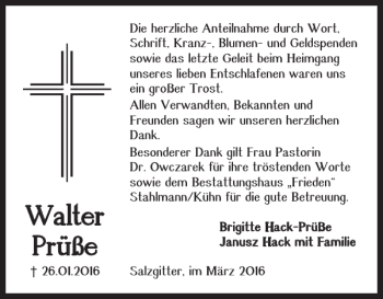 Traueranzeige von Walter Prüße von Salzgitter Zeitung