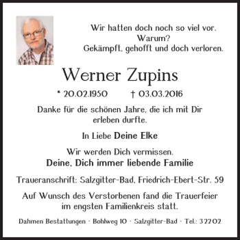 Traueranzeige von Werner Zupins von Salzgitter Zeitung