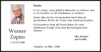 Traueranzeige von Werner Zupins von Salzgitter Zeitung