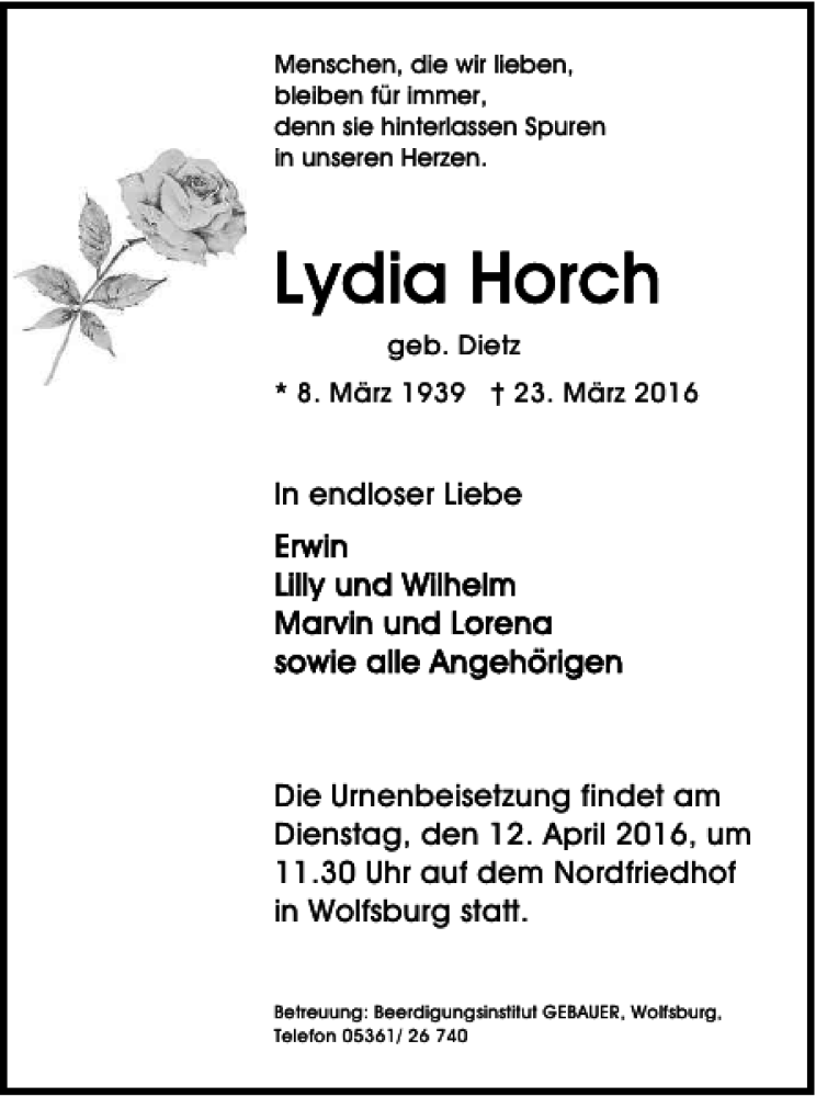  Traueranzeige für endloser Dienstag April um Nordfriedhof Wolfsburg  vom 30.03.2016 aus Wolfsburger Nachrichten
